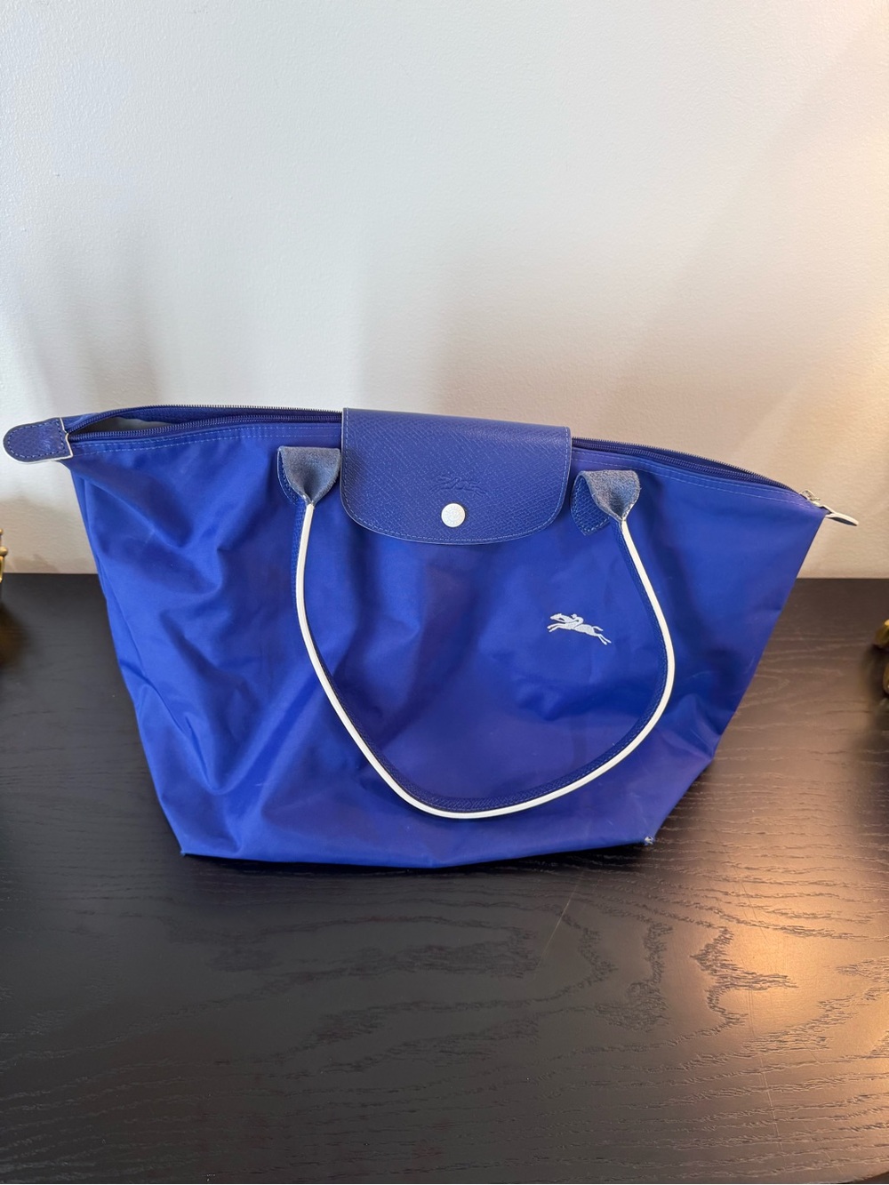 Longchamp Foldable Tote in Royal Blue with White Trim